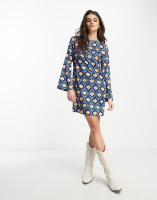 Mango long sleeve geometric printed mini dress in blue