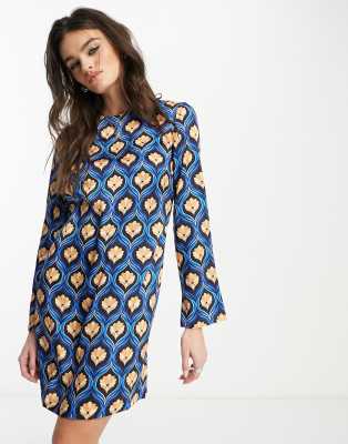 Mango Long Sleeve Geometric Printed Mini Dress In Blue