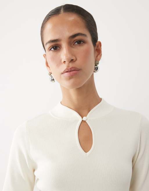 Mango long sleeve keyhole knitted top in ecru , 3 of 4