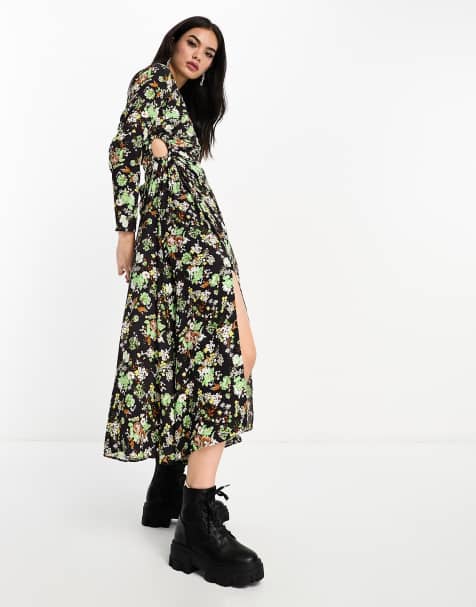 Mango long sleeve keyhole side split leg floral printed dress in green and black
