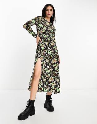 Mango Long Sleeve Keyhole Side Split Leg Floral Printed Dress