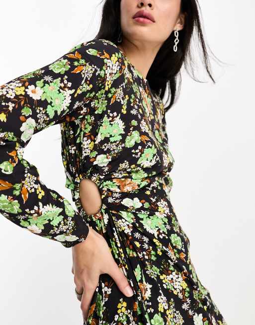 Green Long Sleeve Midi Shirt Dress, Miss Floral