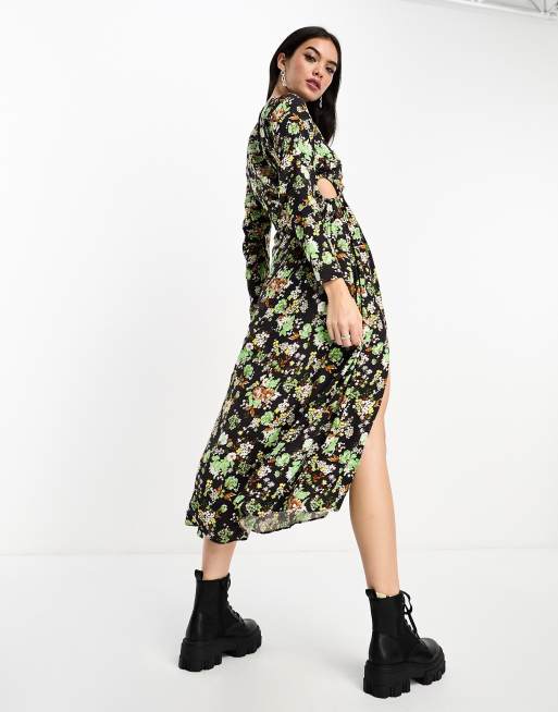 Black Printed Split Leg Midi Dress