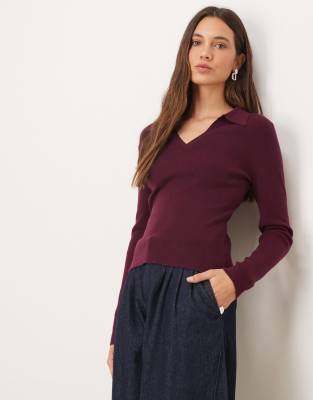 Mango Long Sleeve Knit Polo Top In Red