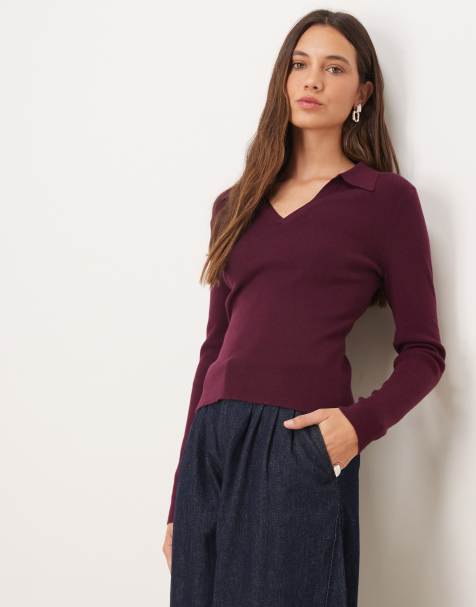 Mango long sleeve knit polo top in burgundy - view 1