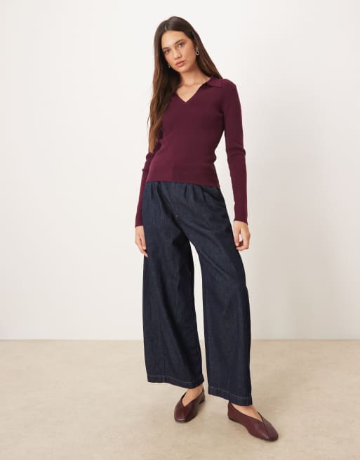 Mango long sleeve knitted polo top in burgundy