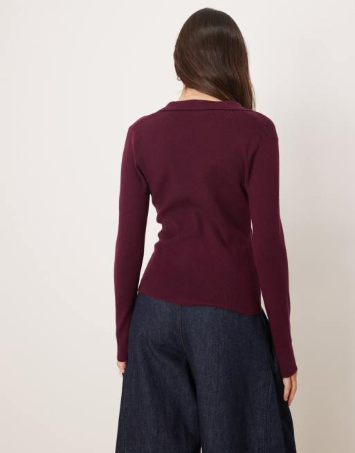 Mango long sleeve knitted polo top in burgundy