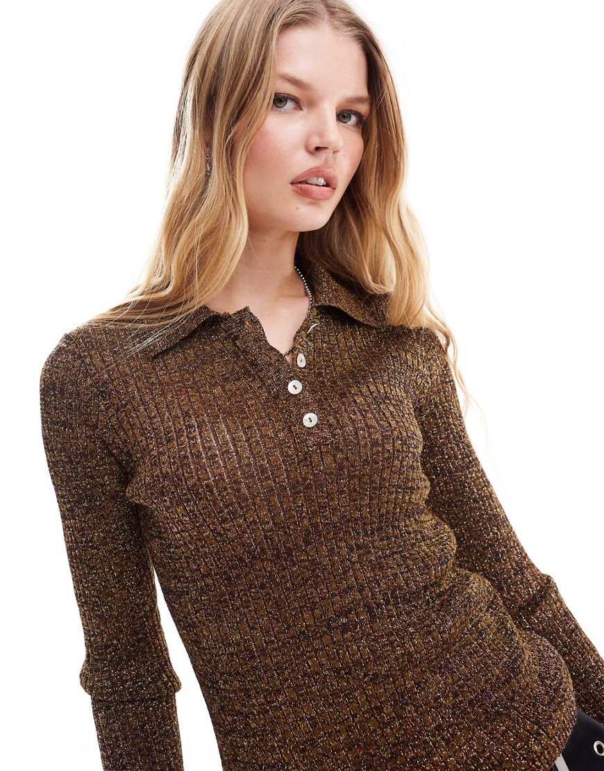 Mango long sleeve knitted polo in brown