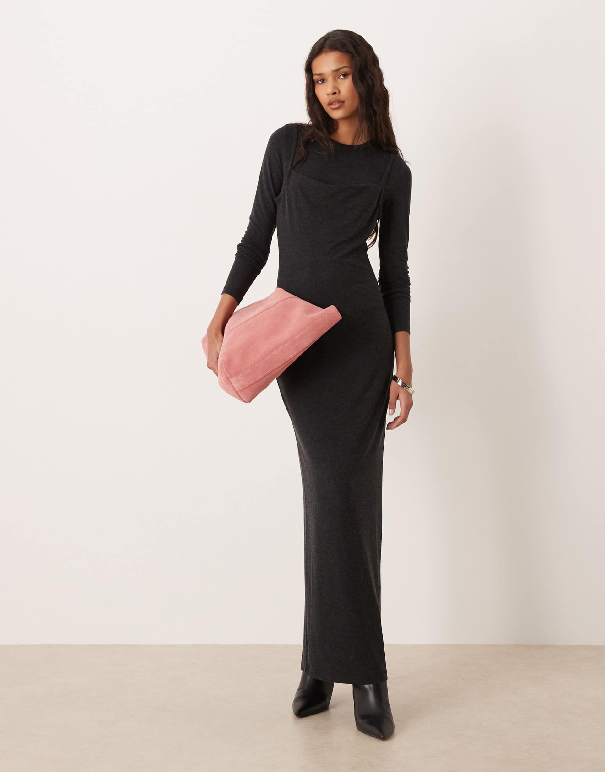 mango long sleeve maxi dress with overlay in dark gray