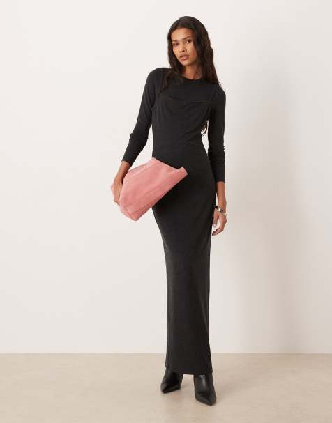 Mango long sleeve maxi dress with overlay in dark grey