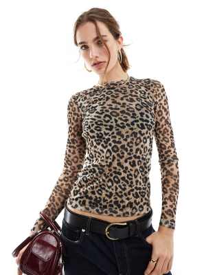 Mango Long Sleeve Mesh Leopard Top In Brown