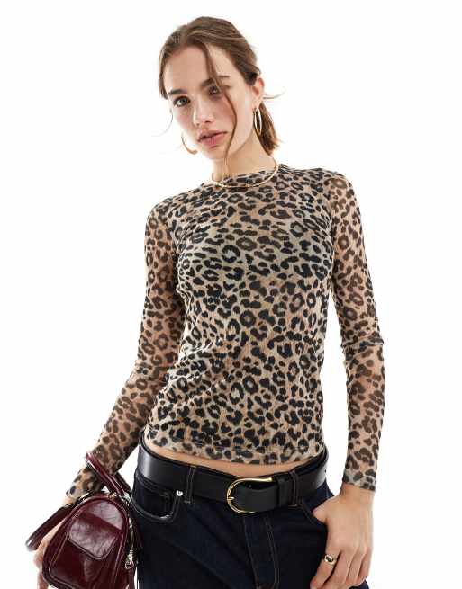 Mango long sleeve mesh leopard top in brown