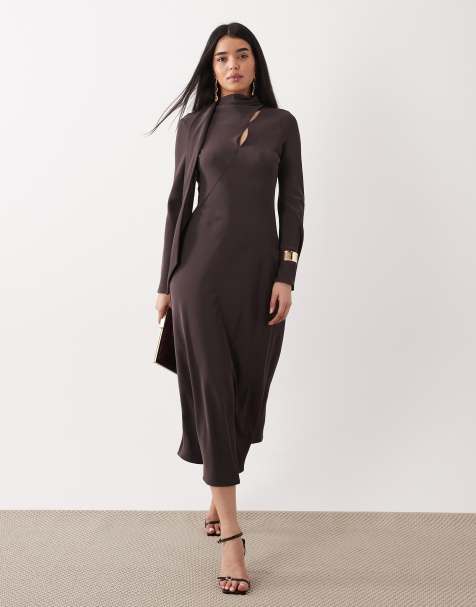 Mango long sleeve midi dress with scarf detail in brown