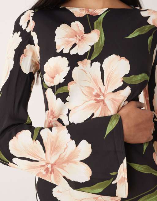 Mango long sleeve mini dress in dark based floral