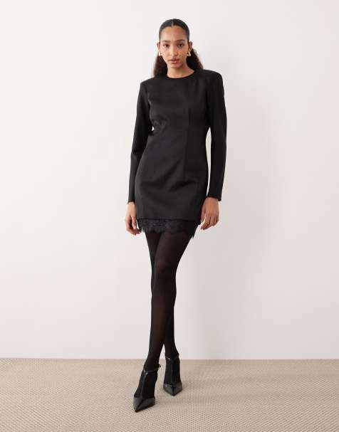 Mango long sleeve mini dress with lace hem in black - view 1