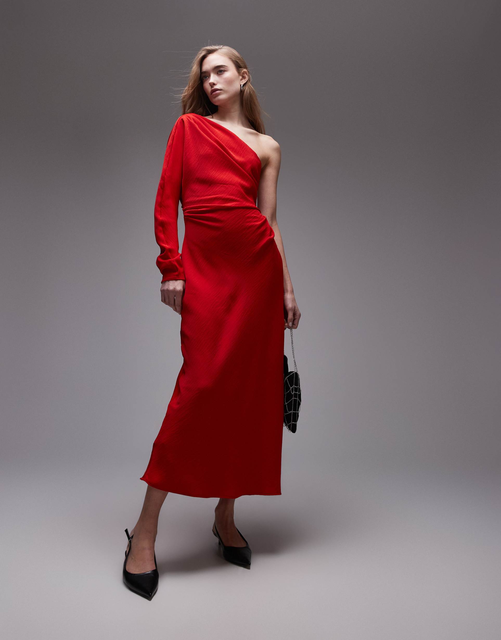 mango long sleeve one shoulder maxi dress in red