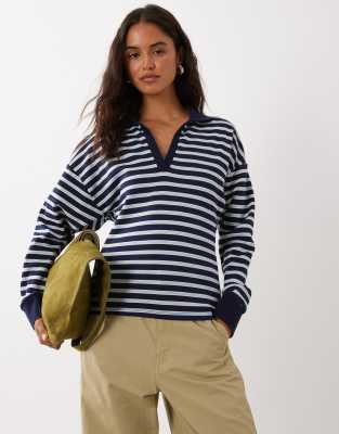 Mango Long Sleeve Polo Top In Blue