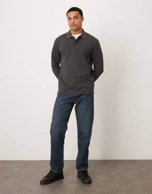 Mango Long Sleeve Polo Top In Gray