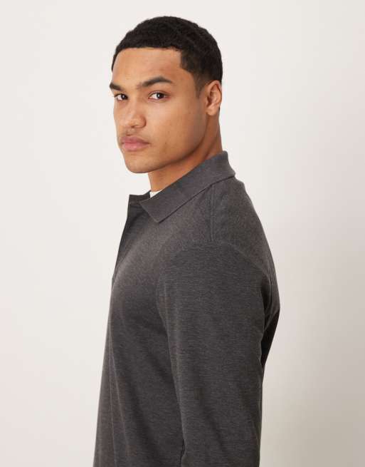 Mango long sleeve polo top in charcoal, 4 of 5