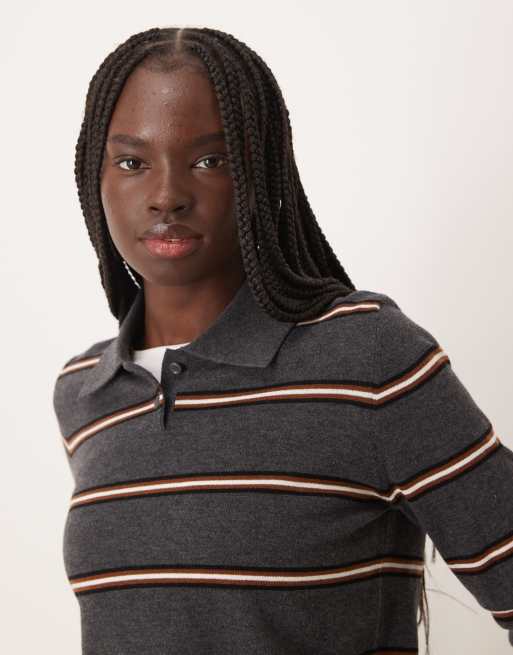 Mango long sleeve polo top in grey stripe, 2 of 4
