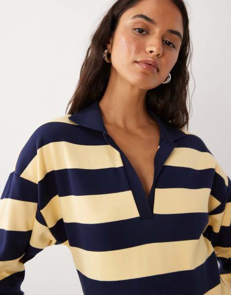 Mango long sleeve polo top in yellow & blue stripe - view 1