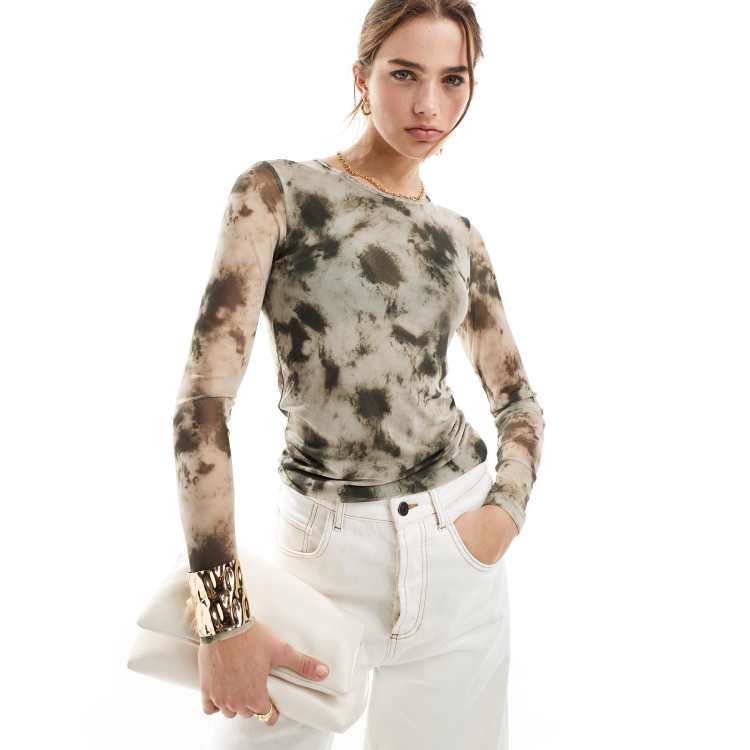Mango long sleeve printed mesh top in black and white | ASOS