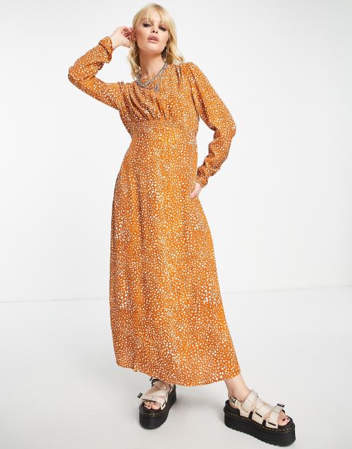 Mango long sleeve puff shoulder printed tea dress in orange ASOS