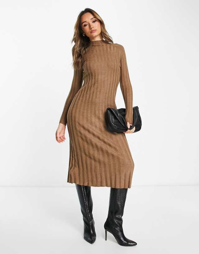 Mango long sleeve ribbed midi dress in brown