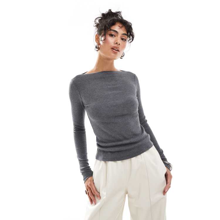 Mango long sleeve ribbed slash neck top in gray | ASOS