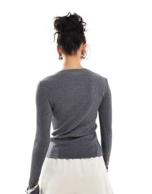Mango long sleeve ribbed slash neck top in gray | ASOS