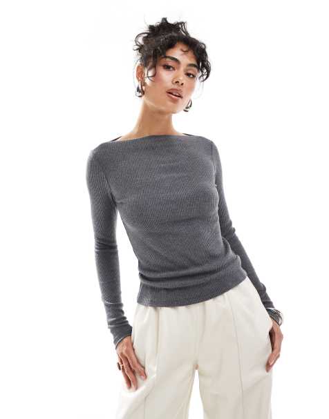 Mango long sleeve ribbed slash neck top in grey - view 1