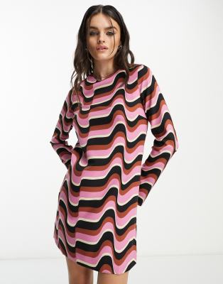 Mango Long Sleeve Round Neck Swirl Printed Mini Dress In Pink