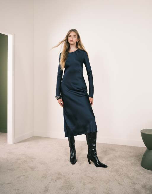 Mango long sleeve satin look maxi dress in navy