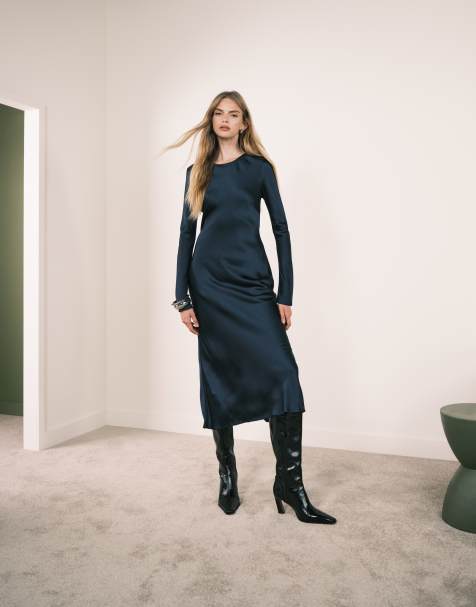 Mango long sleeve satin maxi dress in navy - view 1