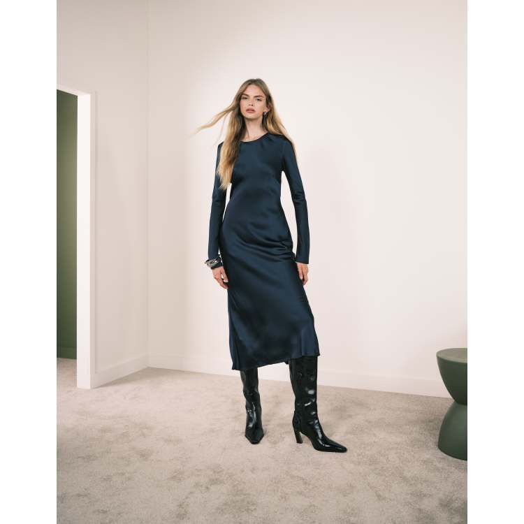 Mango long sleeve satin maxi dress in navy | ASOS