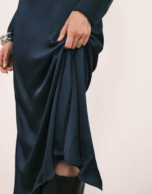 Mango long sleeve satin maxi dress in navy