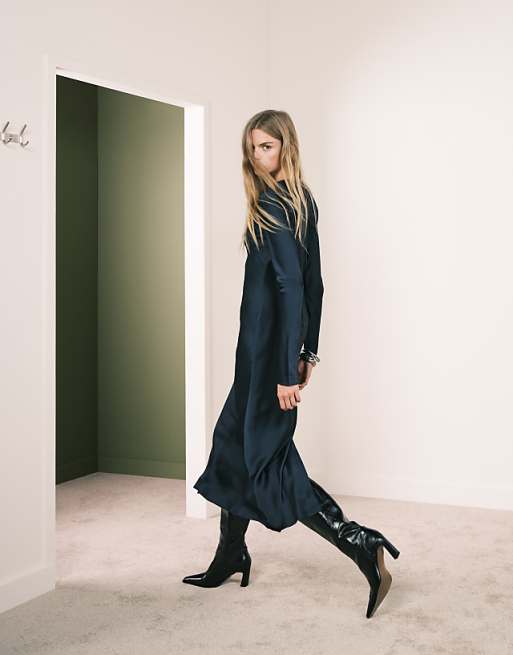 navy long sleeve dress Blue Formal with Sheer Sleeves Navy / 20 Line Dark Navy Dress is perfect for the mother of the bride Mango long sleeve satin maxi