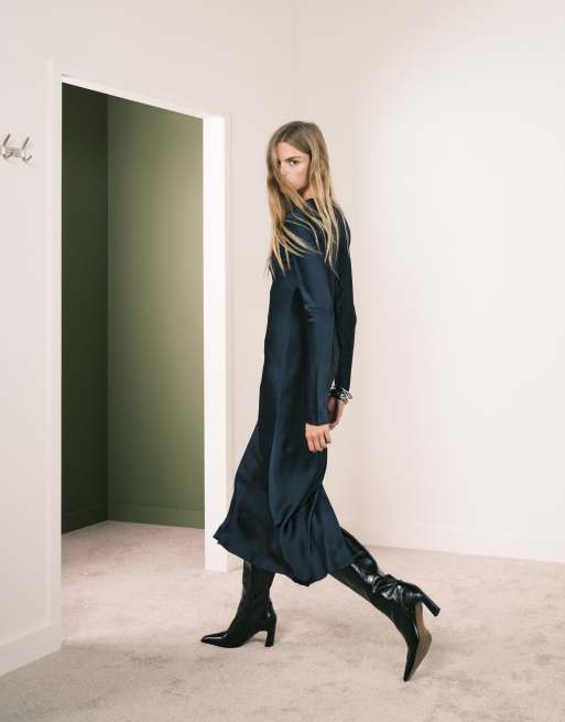 Mango long sleeve satin maxi dress in navy
