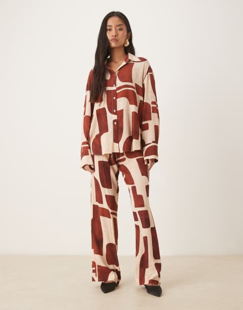 Mango long sleeve shirt & trouser co-ord in abstract print - view 1