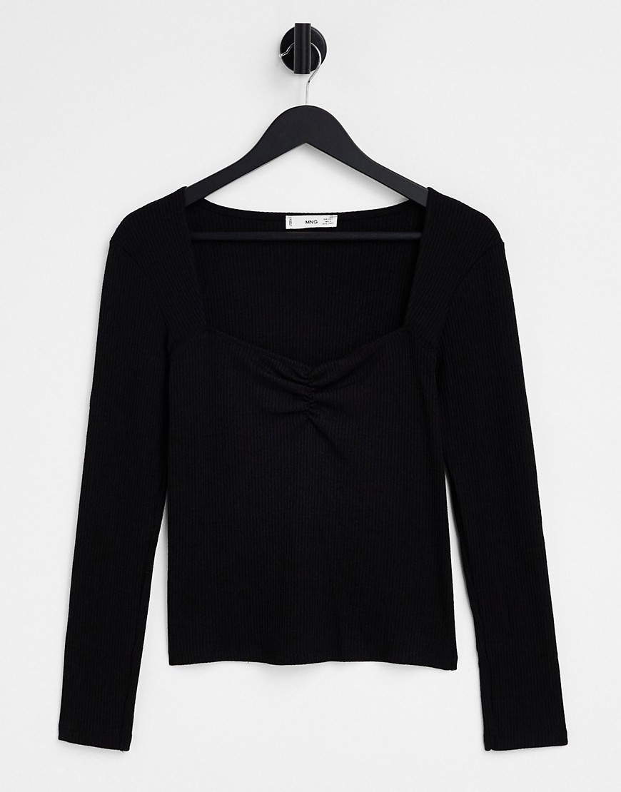 Mango long sleeve square neck ruched front t-shirt in black