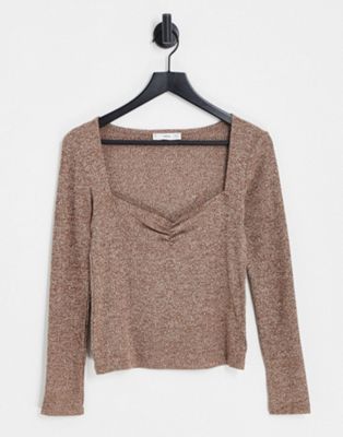 Mango long sleeve square neck ruched front t-shirt in brown - ASOS Price Checker