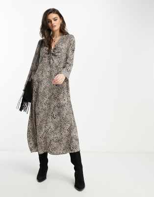 Mango Long Sleeve Strap Detail Keyhole Neckline Midi Dress In Brown Animal Print In Gray