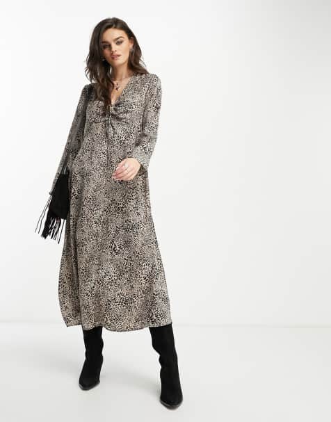 Mango long sleeve strap detail keyhole neckline midi dress in brown animal print - view 1