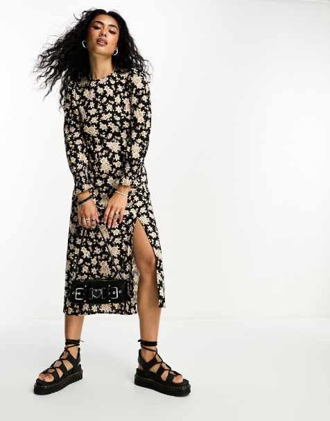 Mango long sleeve structured shoulder slit leg floral printed midi dress in beige and black - view 1