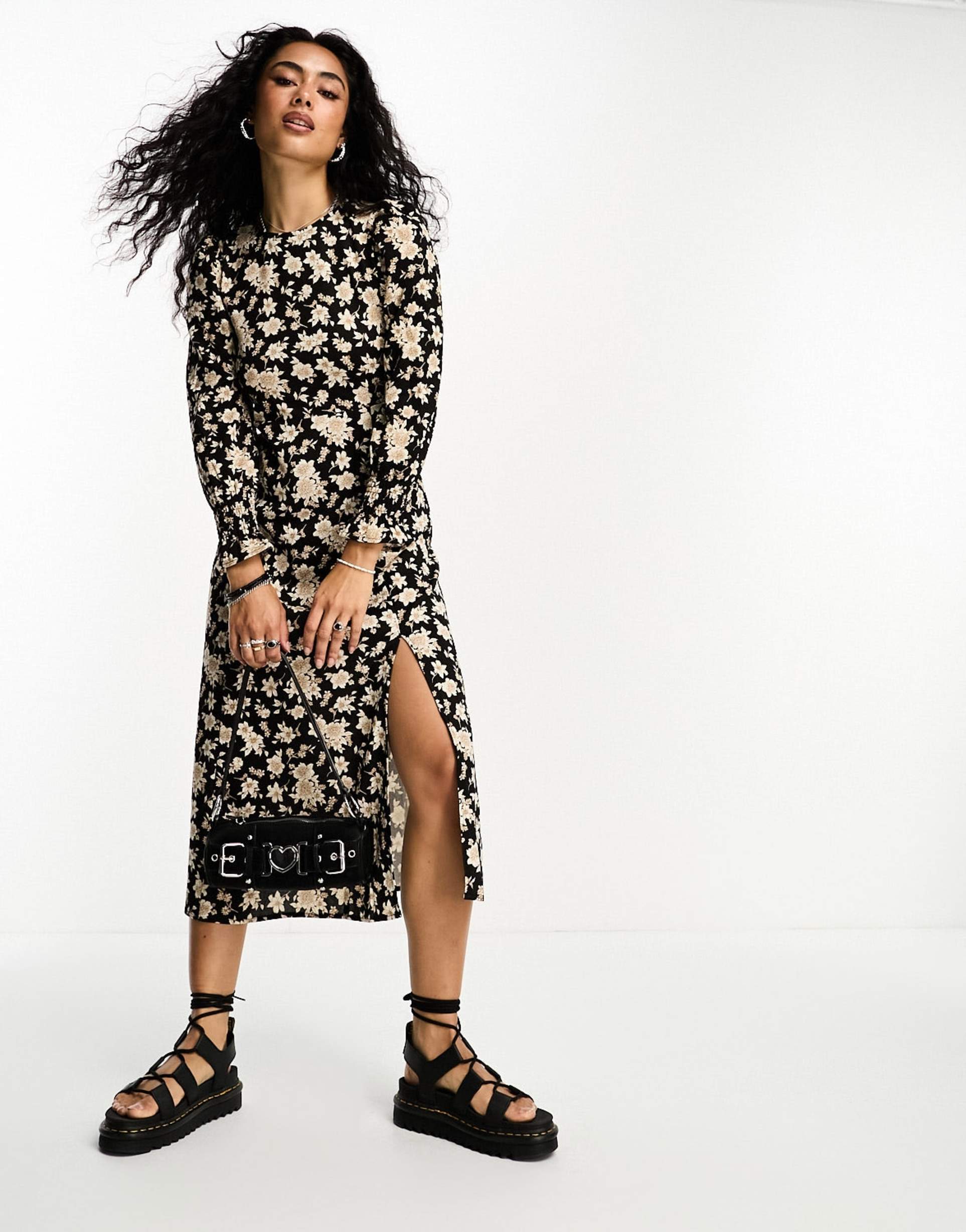 mango long sleeve structured shoulder slit leg floral printed midi dress in beige and black