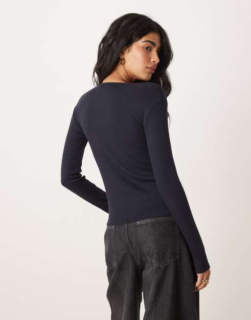 Mango long sleeve T-shirt in navy, 4 of 4