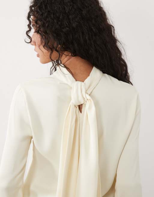 Mango long sleeve tie back top in ecru, 3 of 4