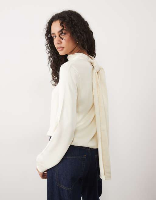 Mango long sleeve tie back top in ecru, 4 of 4