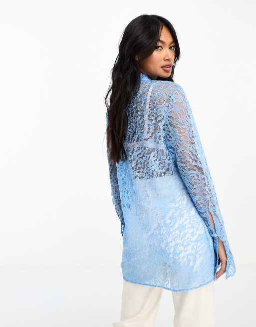 Mango long sleeve tie detail lace shirt in light blue