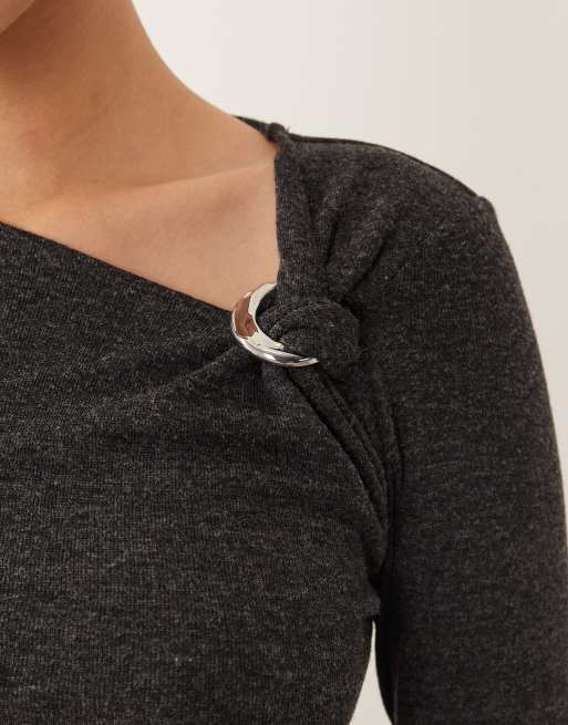 Mango long sleeve top with hardware detail in charcoal